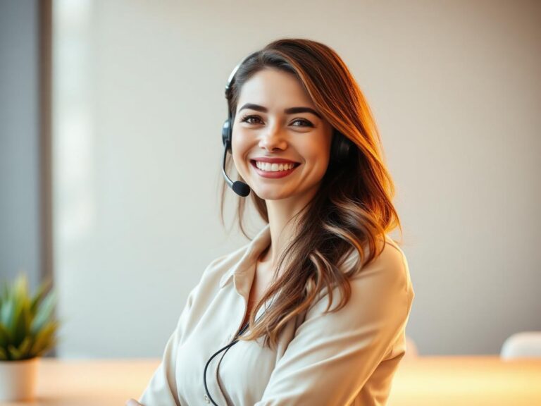 Mitarbeiterin mit Headset am Arbeitsplatz